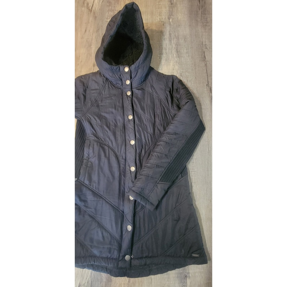Prana Primaloft Quilted Long Jacket Black Sherpa Hood Ribbed SML